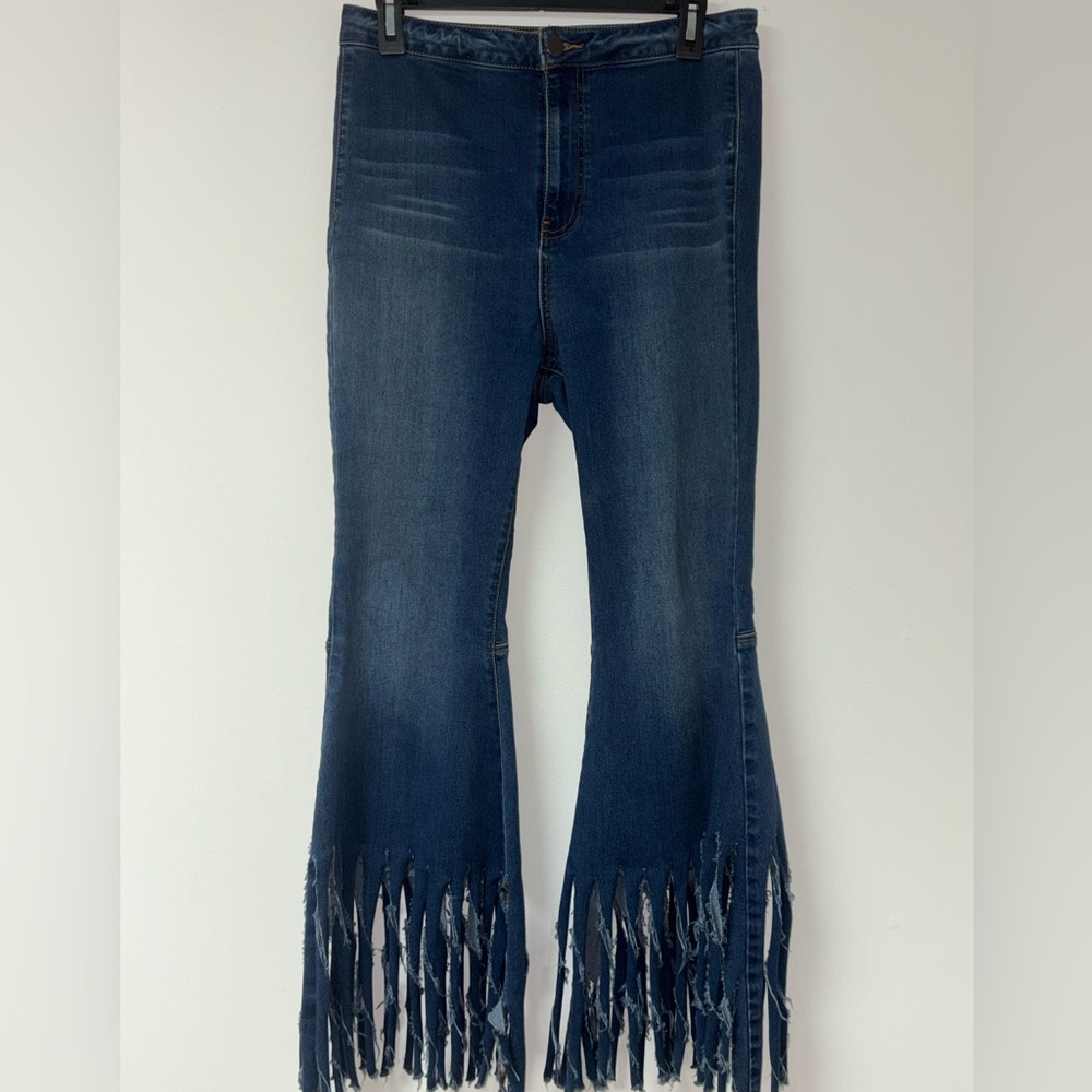 Free People Distressed Fringe Blue Jeans